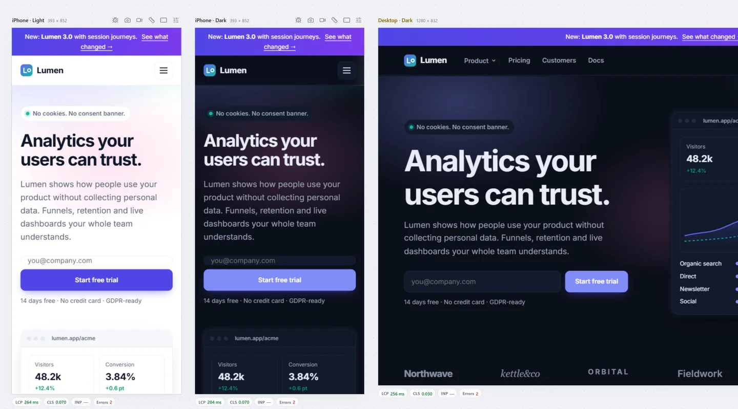 The same page in light and dark mode on three screens