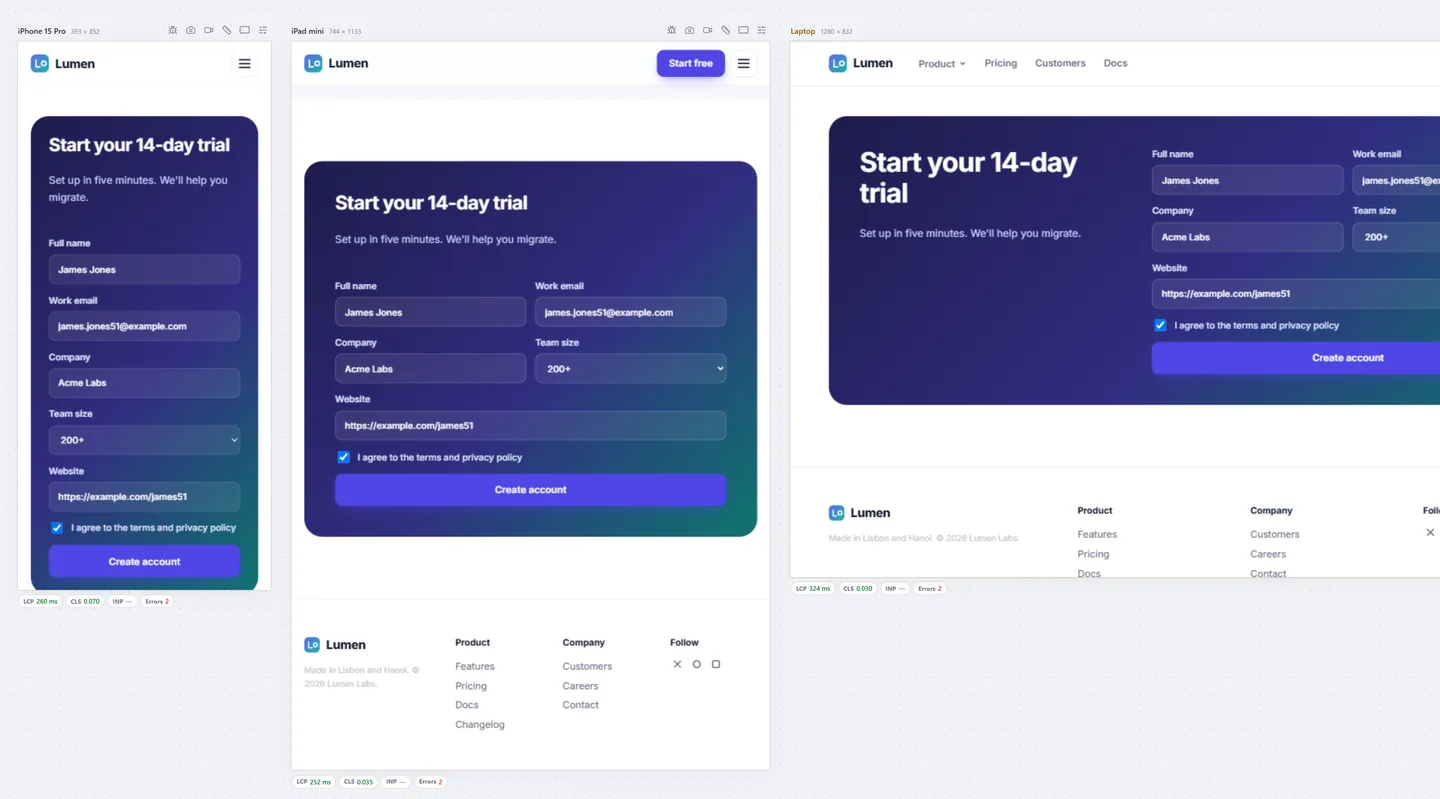 The signup form filled with the same test data on three screens