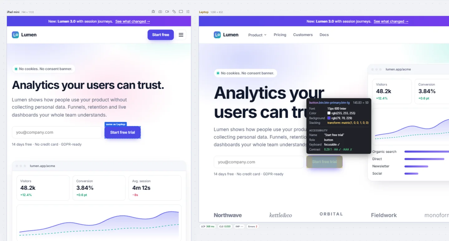 Inspect tooltip with accessibility facts for the Start free trial button