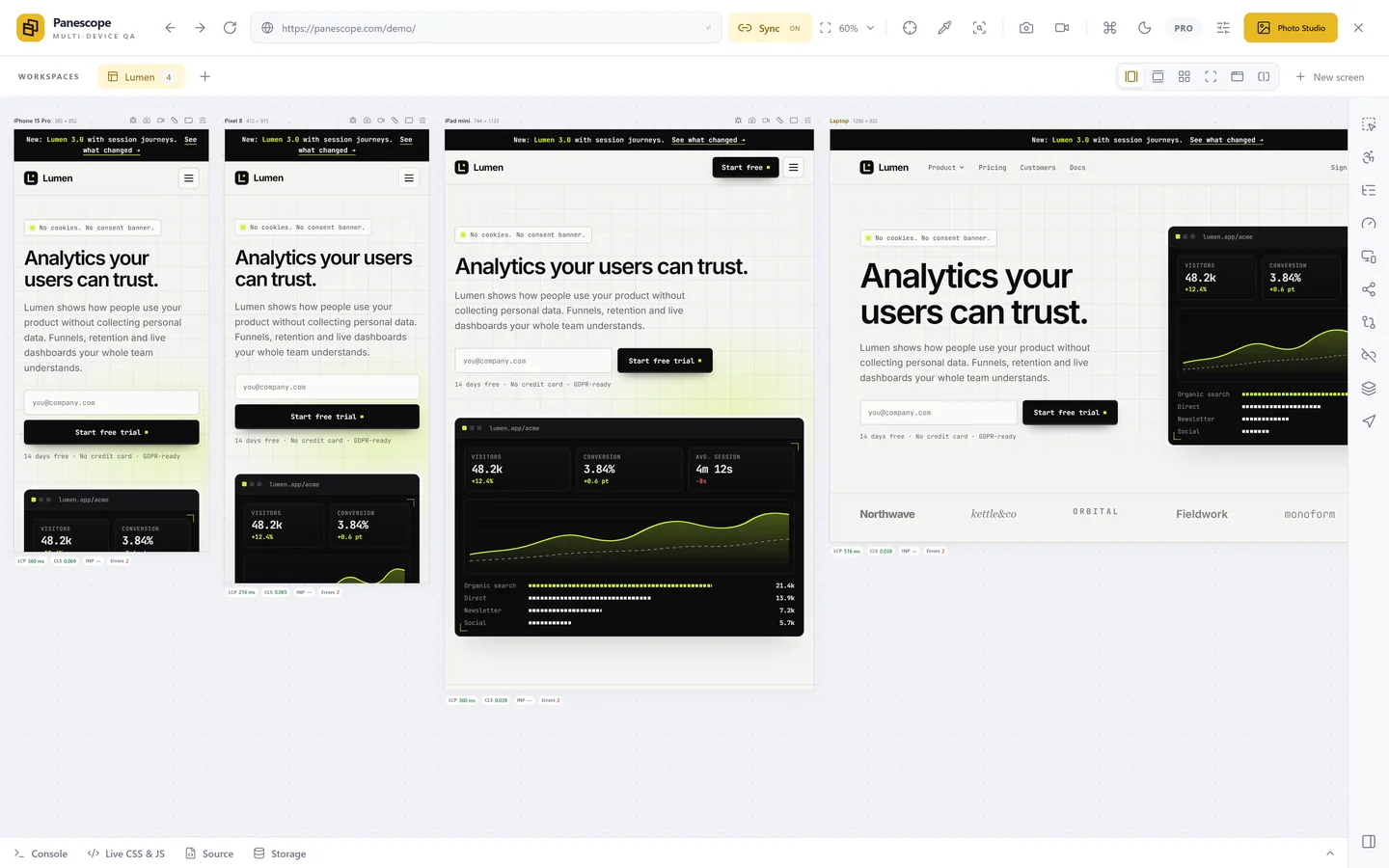 Panescope workspace with screens of the Lumen demo site in a row
