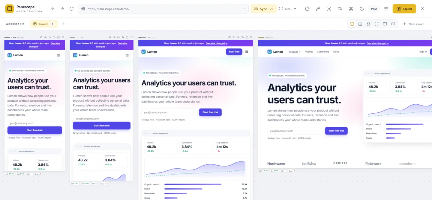 Four screens of the Lumen demo site in a row