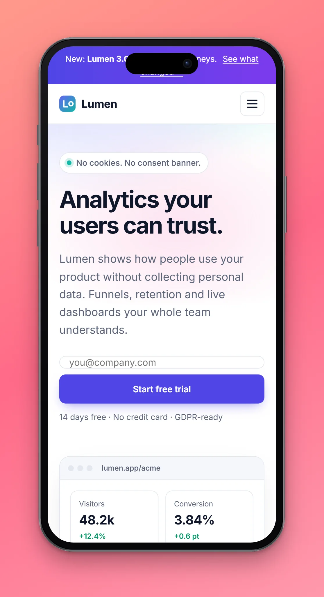 An iPhone mockup of the Lumen page on a pink gradient, made by Panescope