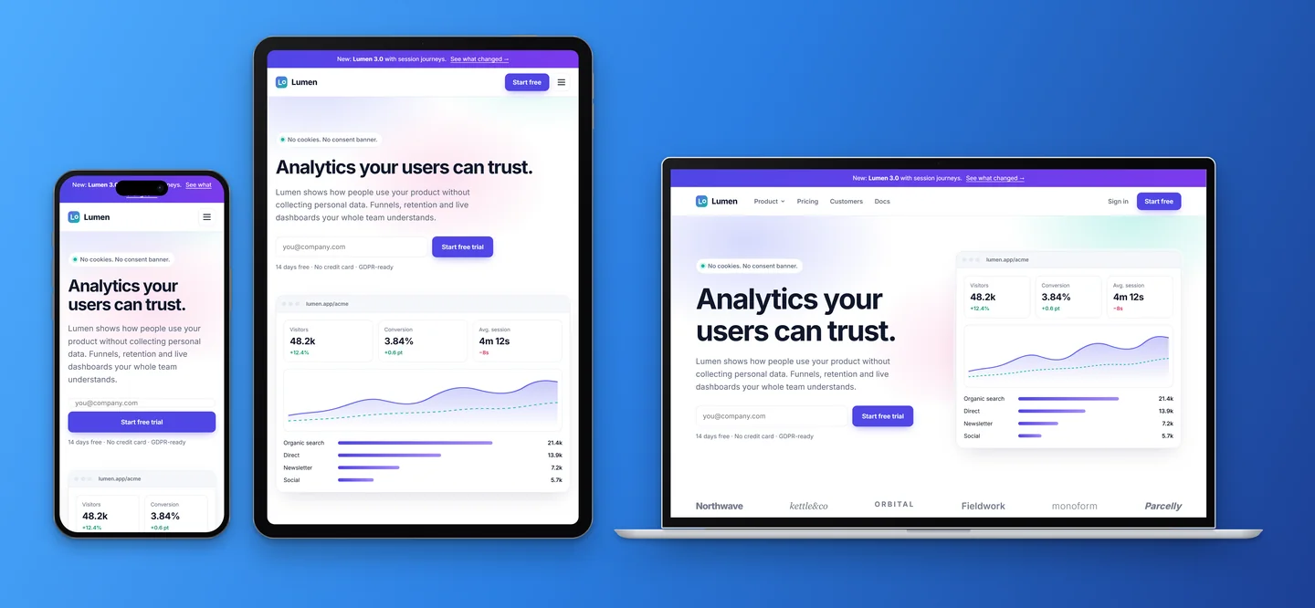 Showcase image made by Panescope: iPhone, iPad and MacBook mockups of the Lumen page on a blue gradient