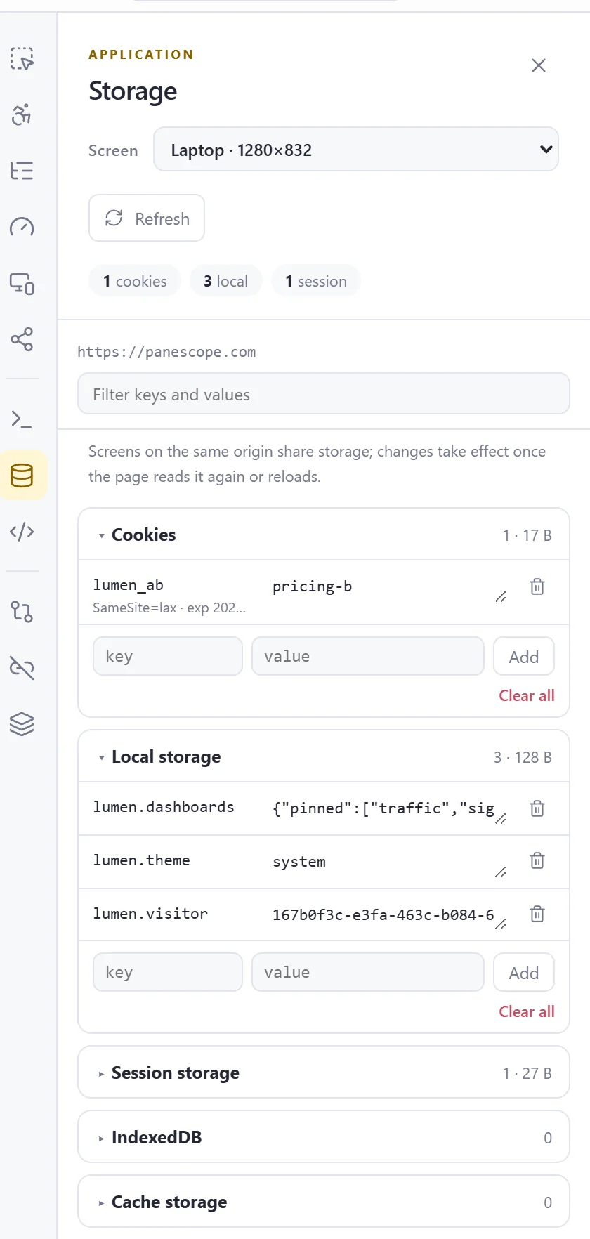Storage panel with the lumen_ab cookie and localStorage keys