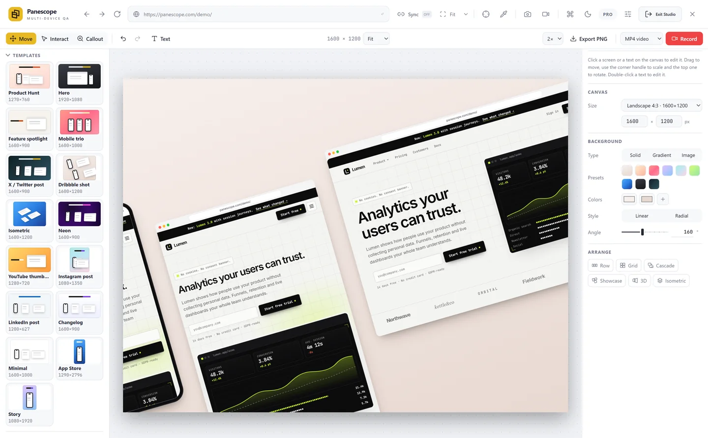 Photo Studio with the Dribbble shot template: three screens tilted on a soft gradient