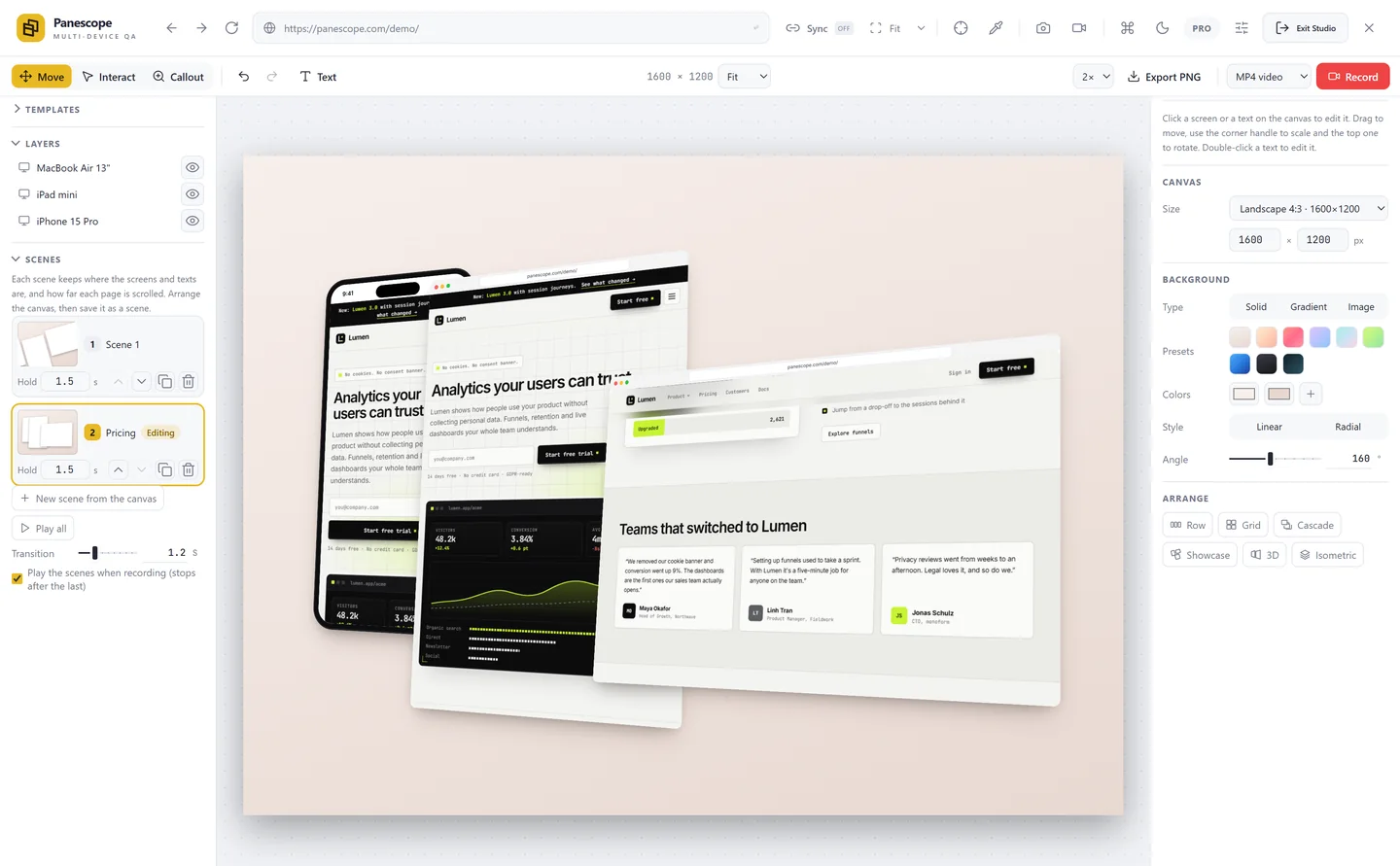 Two scenes in the Scenes section: the first a showcase, the second in 3D scrolled to the pricing